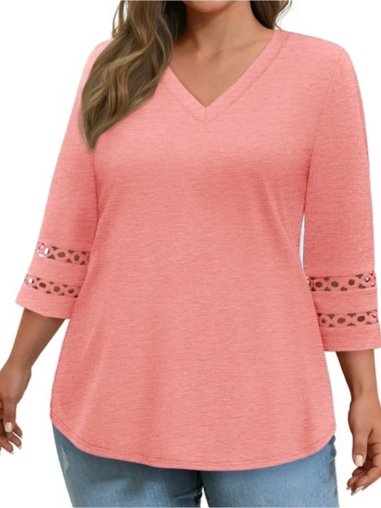 Welsize Tops - Wellsize Plus Size XL Lace Sleeve V-Neck Top 3/4 Sleeve Feminine Blouse